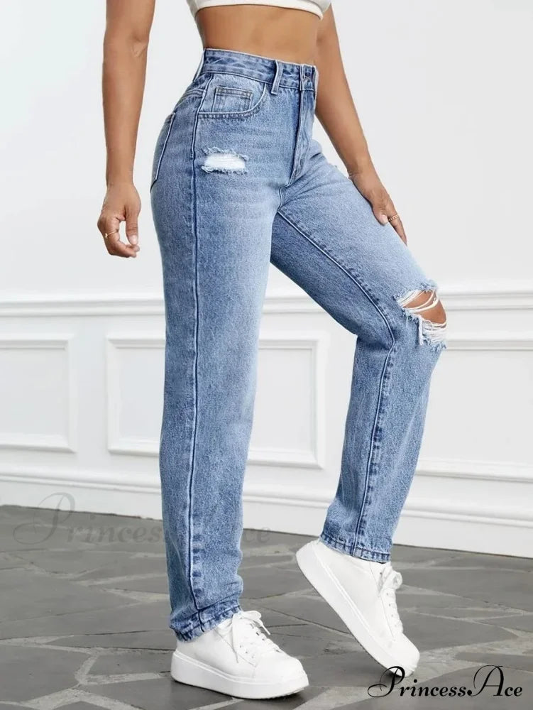 Women Casual Fashion High Streetwear Ripped Holes Denim Pants Female Vintage Trousers Jean