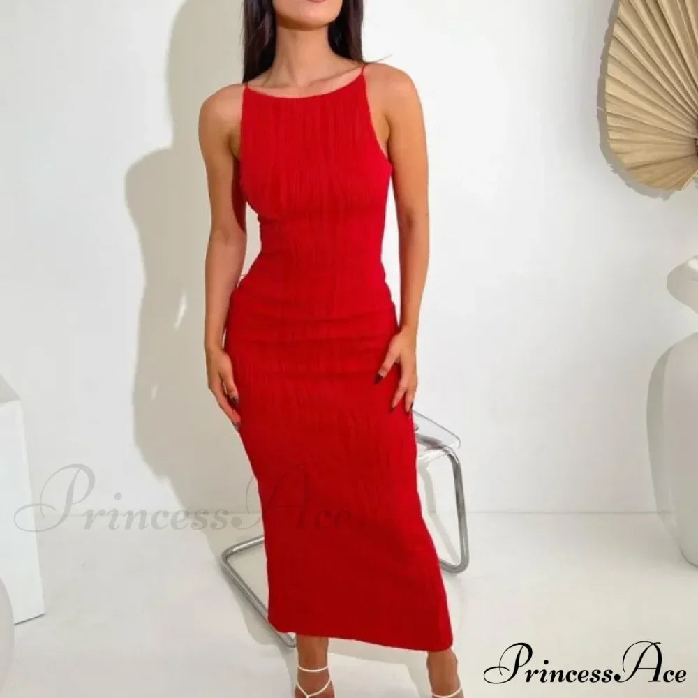 Women Long Ruched Sleeveless Slim Solid Summer Party Back Split Clubwear Female Maxi Dress