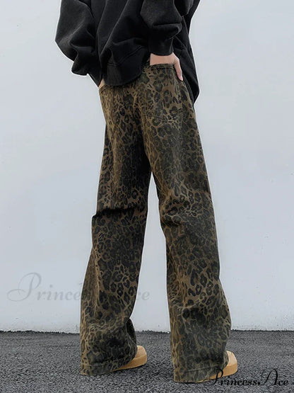 Y2K Leopard Print Wide Leg Women High Waisted Fashion Streetwear Retro Denim Baggy Casual Straight Jean
