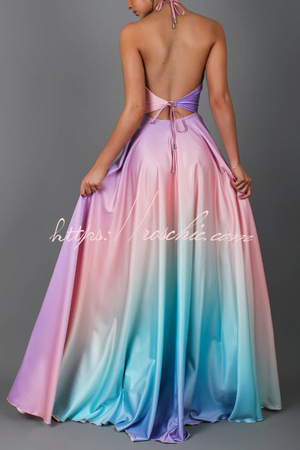 Fashionable Gradient Halter Neck Backless Tie-up Elegant Full Hem Maxi Dress