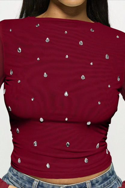 Camiseta de manga larga chic de tul de doble capa con pedrería