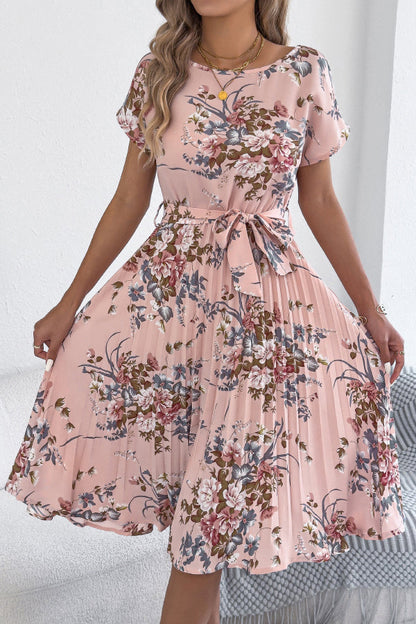 Floral Print Round Neck Fitted Waist Tie Pleated Midi Dress