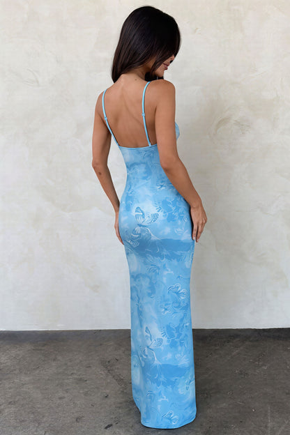 Vestido maxi con estampado de mariposas, recortes, escote en V y camisola con nudo