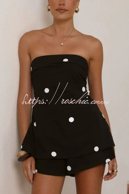 Polka Dot Print Sleeveless Off-shoulder Top and Elastic Waist Casual Pocket Shorts Set