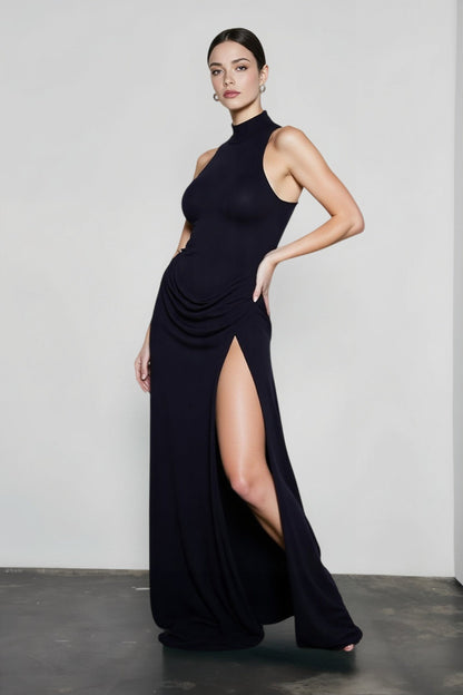Slit Open Back Halter Ruched Maxi Vacation Dress