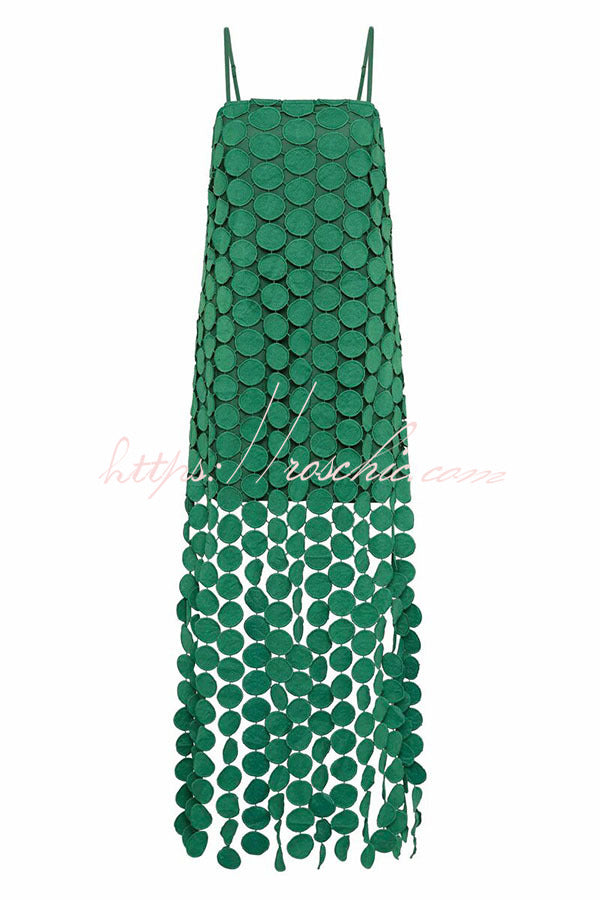 Juju Embroidered Cutout Polka Dots Square Neck Tassel Hem Slip Maxi Dress