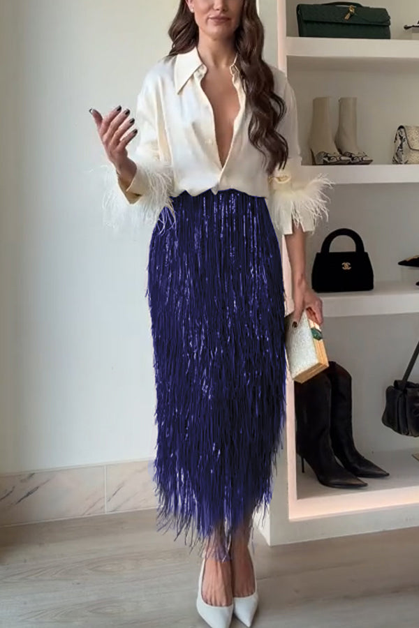 Party Crasher Layered Sequined Tassels High Rise Back Zipper Midi Skirt (Shipped Within 24 Hours)