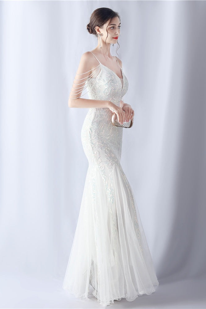 Vestido maxi de cóctel de malla con abalorios