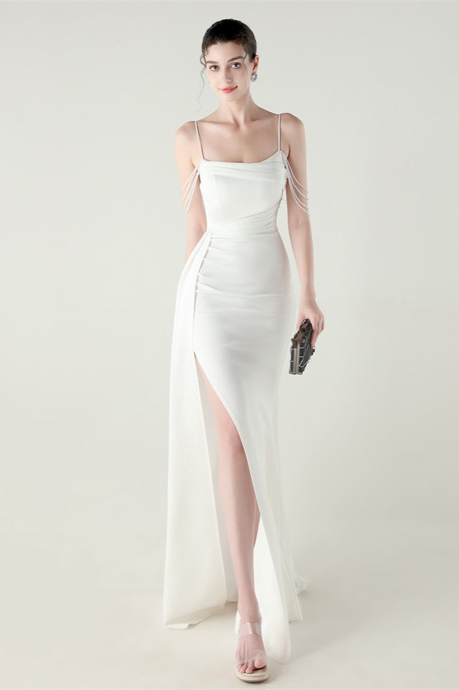 Vestido de fiesta de sirena de satén con tirantes finos