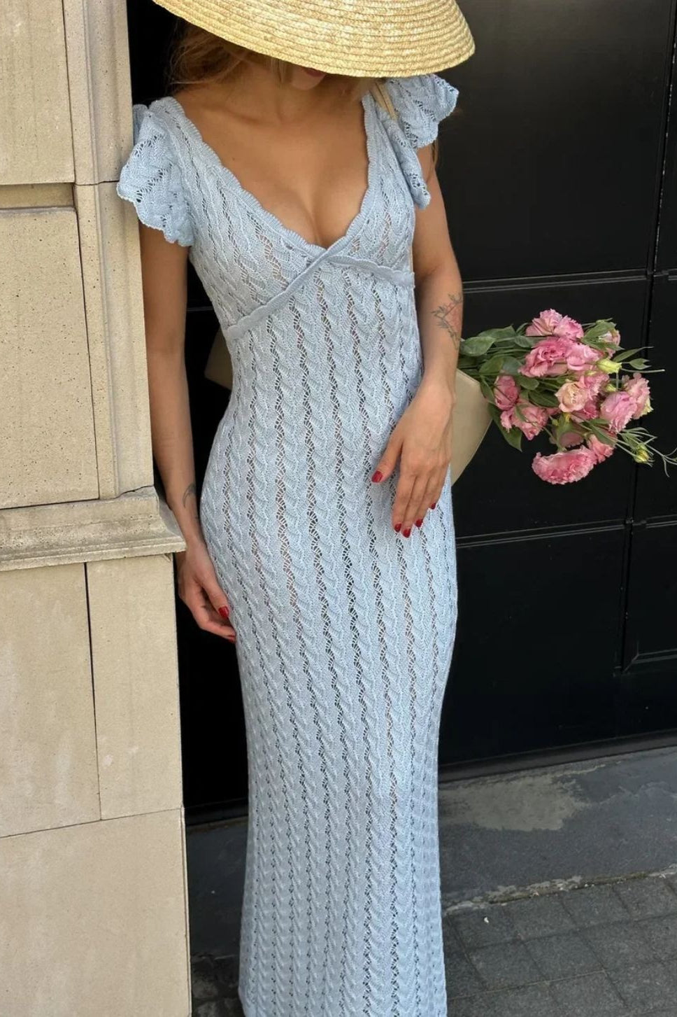 Vestido maxi pastoral de punto con cuello de pico y volantes franceses