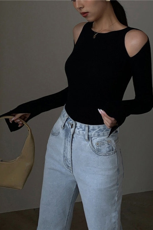 Retro Crew Neck Off-Shoulder Split-Cuff Slim Knit Top