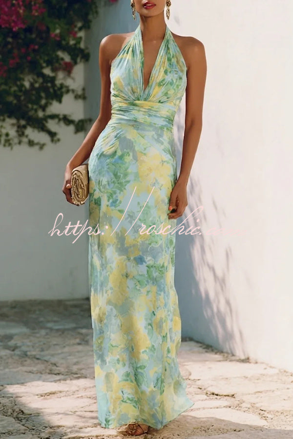 Lauria Chiffon Floral Print Ruched Waist Halter Tie-up Neck Backless Maxi Dress