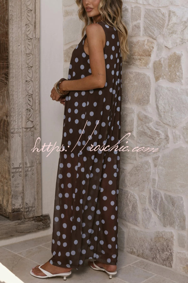 Polka Dot Print Loose Round Neck Sleeveless Mesh Casual Maxi Dress