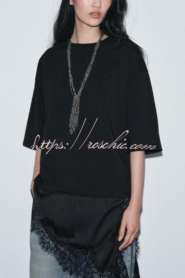 Stylish Round Neck Short-sleeved Patchwork Lace Hem Loose T-shirt