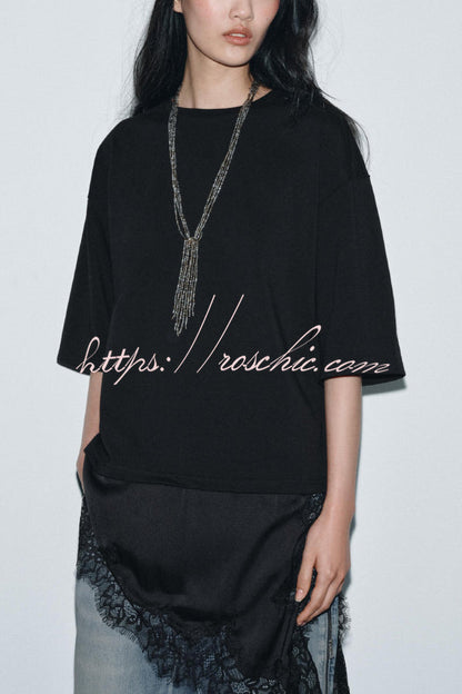 Stylish Round Neck Short-sleeved Patchwork Lace Hem Loose T-shirt