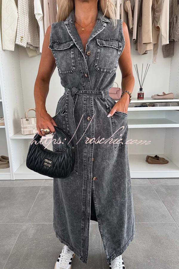 Solid Color Sleeveless Single Breasted Waist Tie Casual Pocket Denim Midi Dress