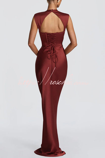 Avielle Satin High Neck Back Asymmetric Pleated Lace-up Drape Maxi Dress