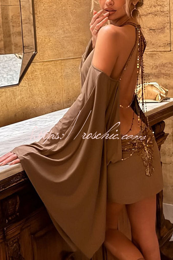 Alula Chain Sequin Embroidered Butterfly Kimono Slit Sleeve Backless Mini Dress