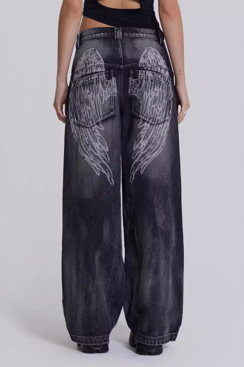 Vaqueros Anchos Lavados Estampado Alas de Ángel Y2K