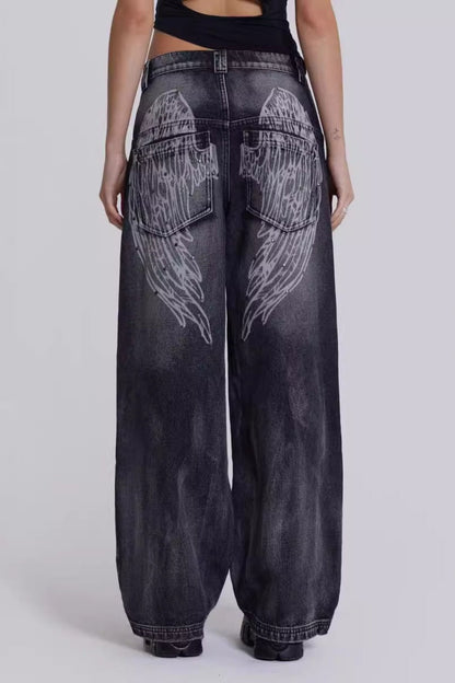 Vaqueros Anchos Lavados Estampado Alas de Ángel Y2K