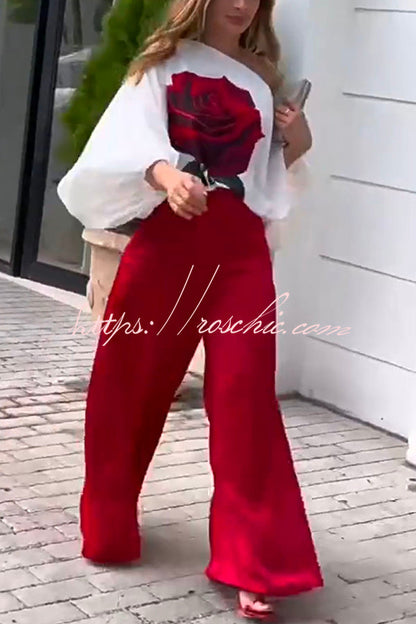 Elegant Rose Print Long Sleeve Belted Wide Leg Pants Suit