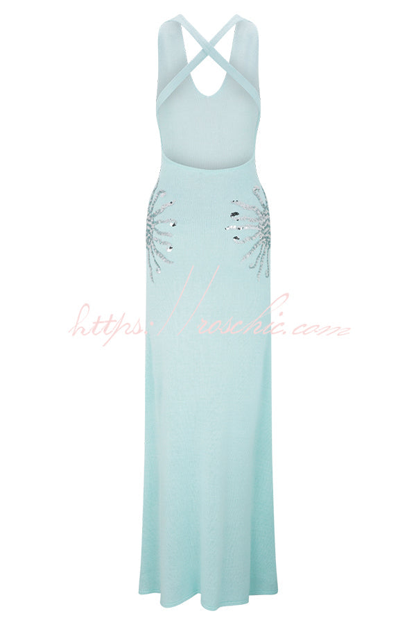 Sparkling Nights Knit Sunburst Sequin Detail Back Cross Straps Stretch Maxi Dress
