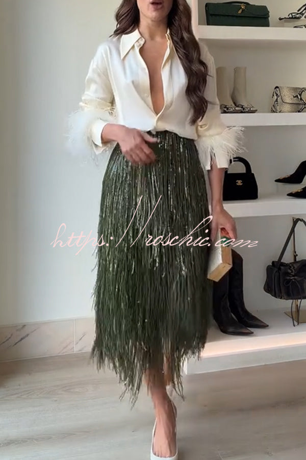 Party Crasher Feather Trim Long Sleeve Button Up Loose Blouse (Shipped Within 24 Hours)