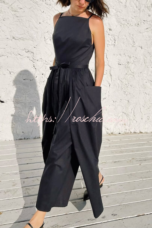 Solid Color Sleeveless Side Slit Tie-up Casual Vacation Pocket Maxi Dress
