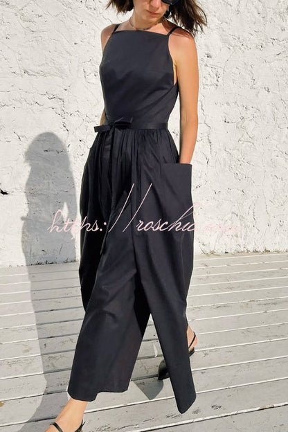 Solid Color Sleeveless Side Slit Tie-up Casual Vacation Pocket Maxi Dress