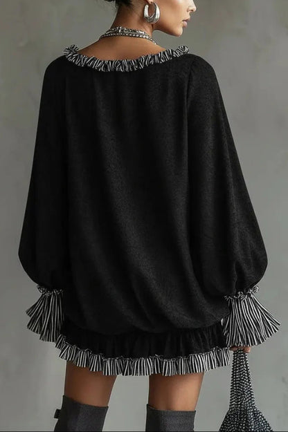 Fashionable Patchwork Ruffled Loose Long-sleeved Casual Mini Dress