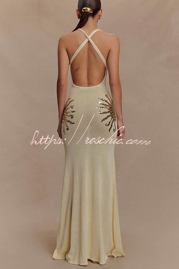 Sparkling Nights Knit Sunburst Sequin Detail Back Cross Straps Stretch Maxi Dress