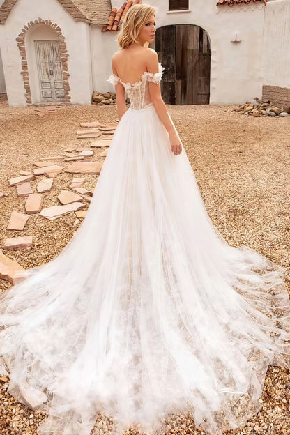 Vestido de novia con apliques de encaje, escote Bardot y corsé
