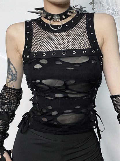 2024 Mall Gothic  Hole See Through Lace-up Streetwear Cyber Punk Rave Fashion Crop Top