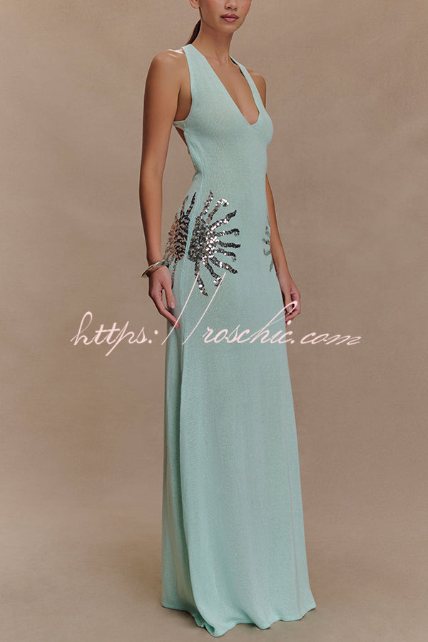 Sparkling Nights Knit Sunburst Sequin Detail Back Cross Straps Stretch Maxi Dress