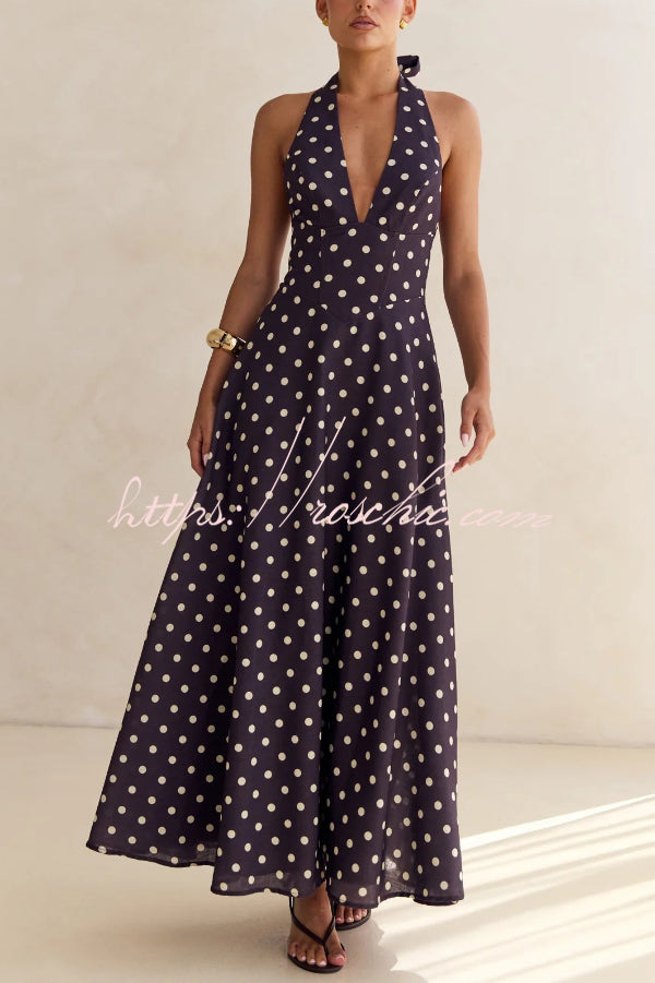 Floral Print V-neck Backless Tie-up Fitted Waist Elegant Maxi Dress