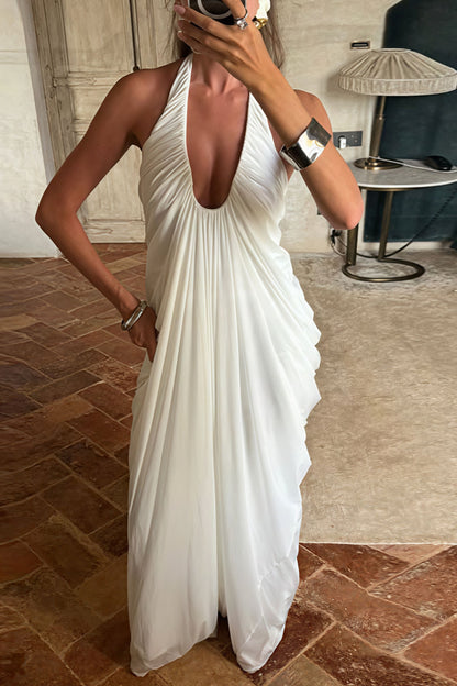 Vestido Maxi de Tul con Cuello Halter en V Suelto y Volantes