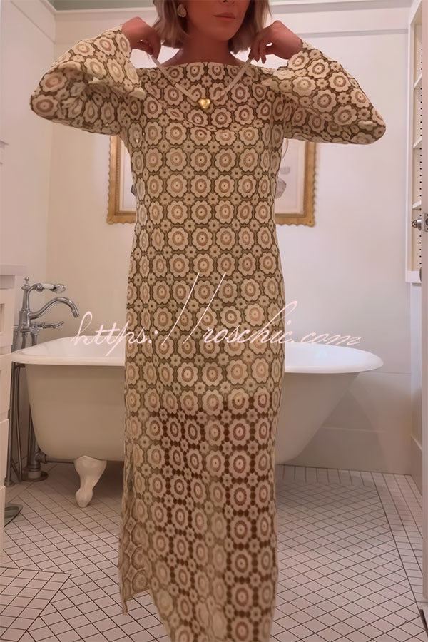 Summer Fashion Floral Crochet Cutout Fabric Long Sleeve Slit Vacation Midi Dress