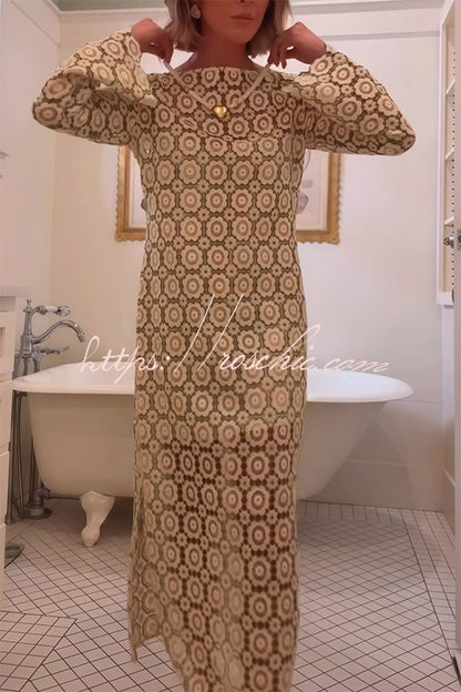 Summer Fashion Floral Crochet Cutout Fabric Long Sleeve Slit Vacation Midi Dress