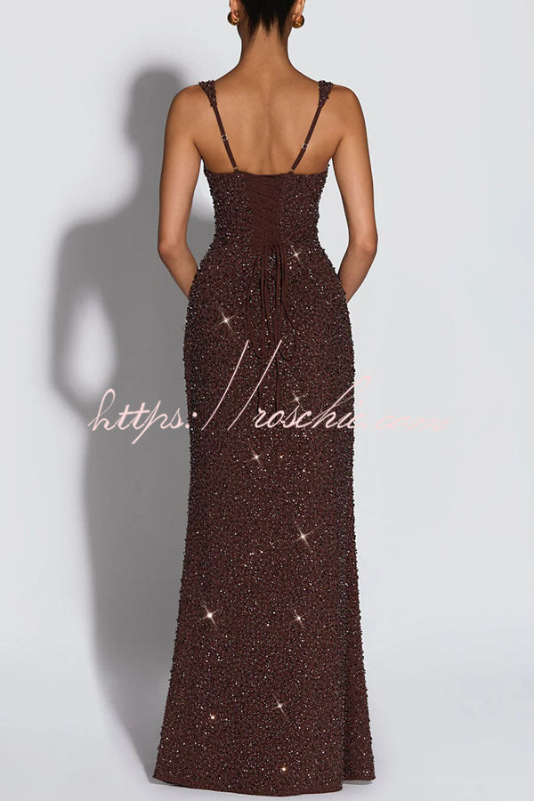 Calanthe Sequin Embellished Chiffon Ruched Square Neck Back Lace-up Maxi Dress