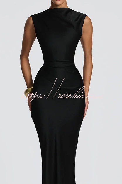 Avielle Satin High Neck Back Asymmetric Pleated Lace-up Drape Maxi Dress
