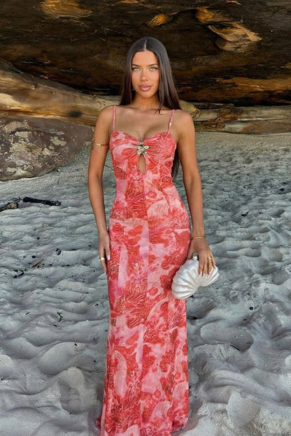 Vestido maxi playero elástico con estampado y aberturas en el cuello halter