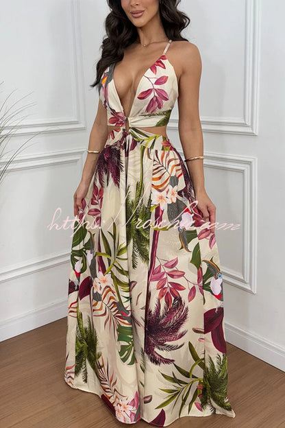 Seinah Floral Print Cutout Waist Open Back Lace-up Slit Maxi Dress