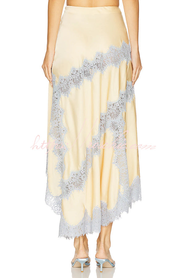 Wine Tasting Contrast Color Satin Lace Trim Irregular Hem Drape Midi Skirt (Shipped Within 24 Hours)