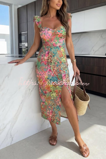 Elegant Floral Print Square Neckline Slim-fit Slit Midi Dress