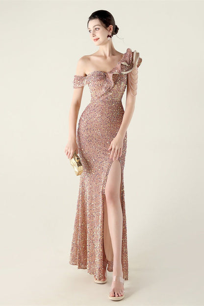 Vestido de fiesta formal con volante y un solo hombro drapeado