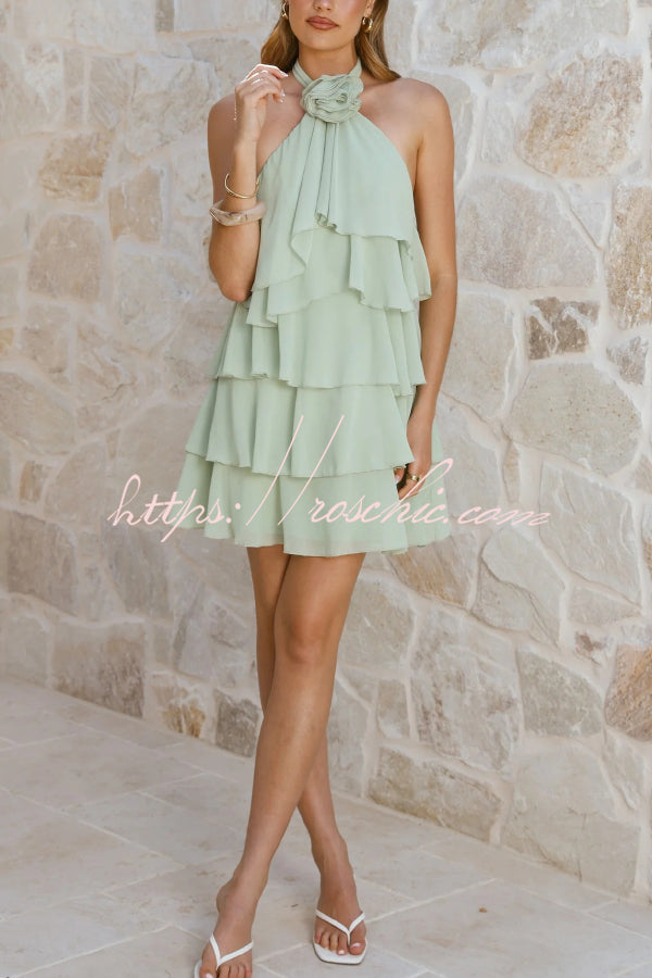Solid Color Chiffon Halter Neck Backless Layered Ruffle Mini Dress