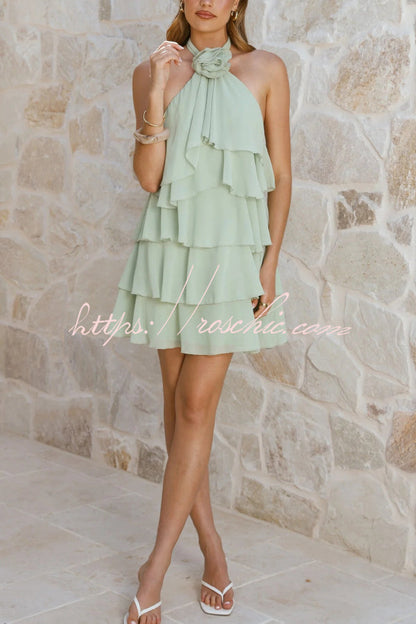Solid Color Chiffon Halter Neck Backless Layered Ruffle Mini Dress