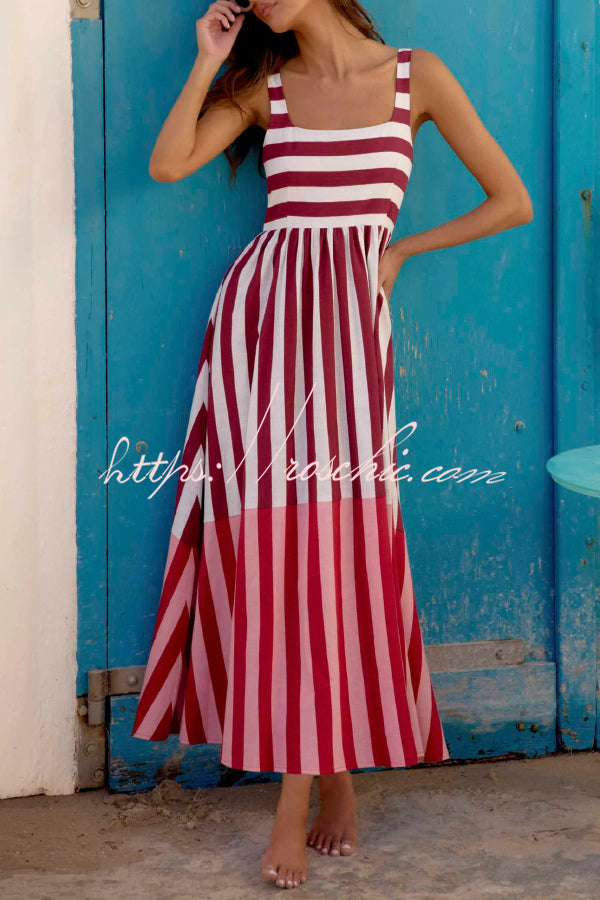 Fashionable Striped Printed Square Neck Sleeveless Casual Vacation Maxi Dress