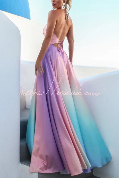 Fashionable Gradient Halter Neck Backless Tie-up Elegant Full Hem Maxi Dress
