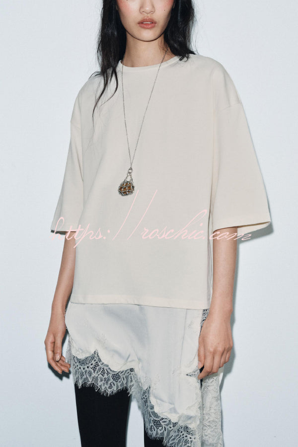 Stylish Round Neck Short-sleeved Patchwork Lace Hem Loose T-shirt